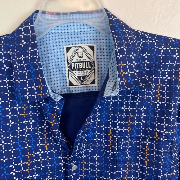 Pitbull brand casual button front shirt-blue with geo-print-Men’s Large - Picture 1 of 12